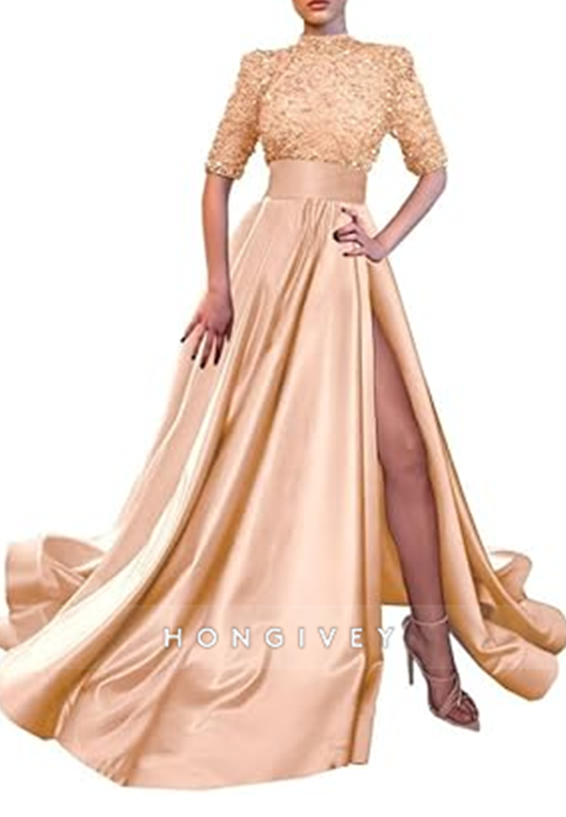 Aline High Neck Half Sleeves Sequined With Side Slit Long Prom Dress