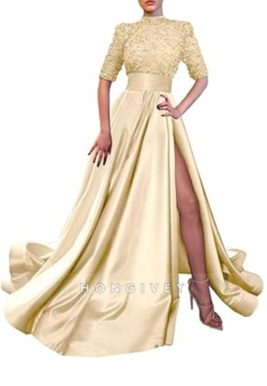 Aline High Neck Half Sleeves Sequined With Side Slit Long Prom Dress