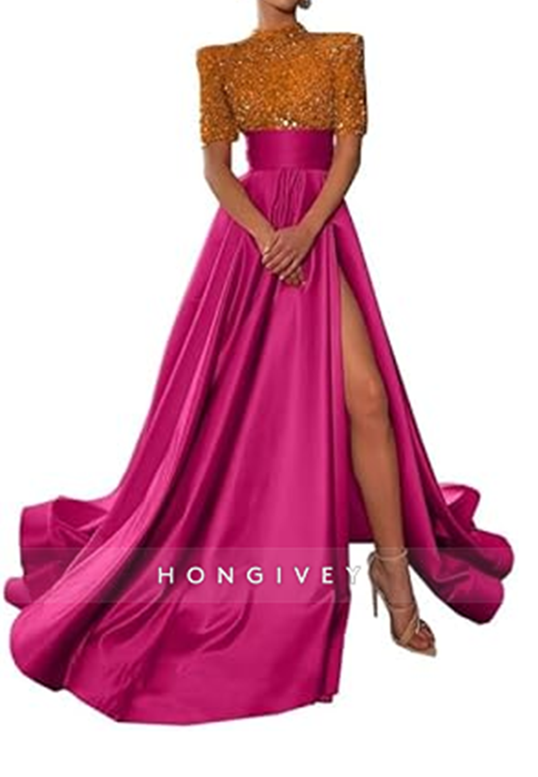 Aline High Neck Half Sleeves Sequined With Side Slit Long Prom Dress