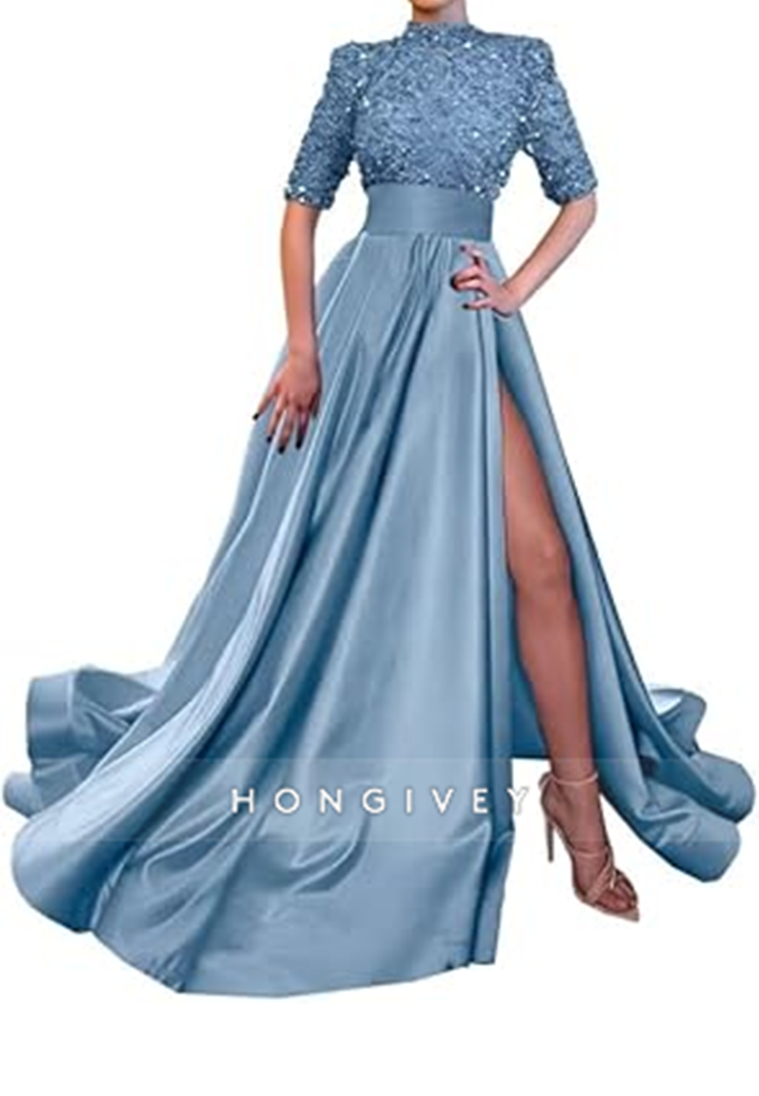 Aline High Neck Half Sleeves Sequined With Side Slit Long Prom Dress