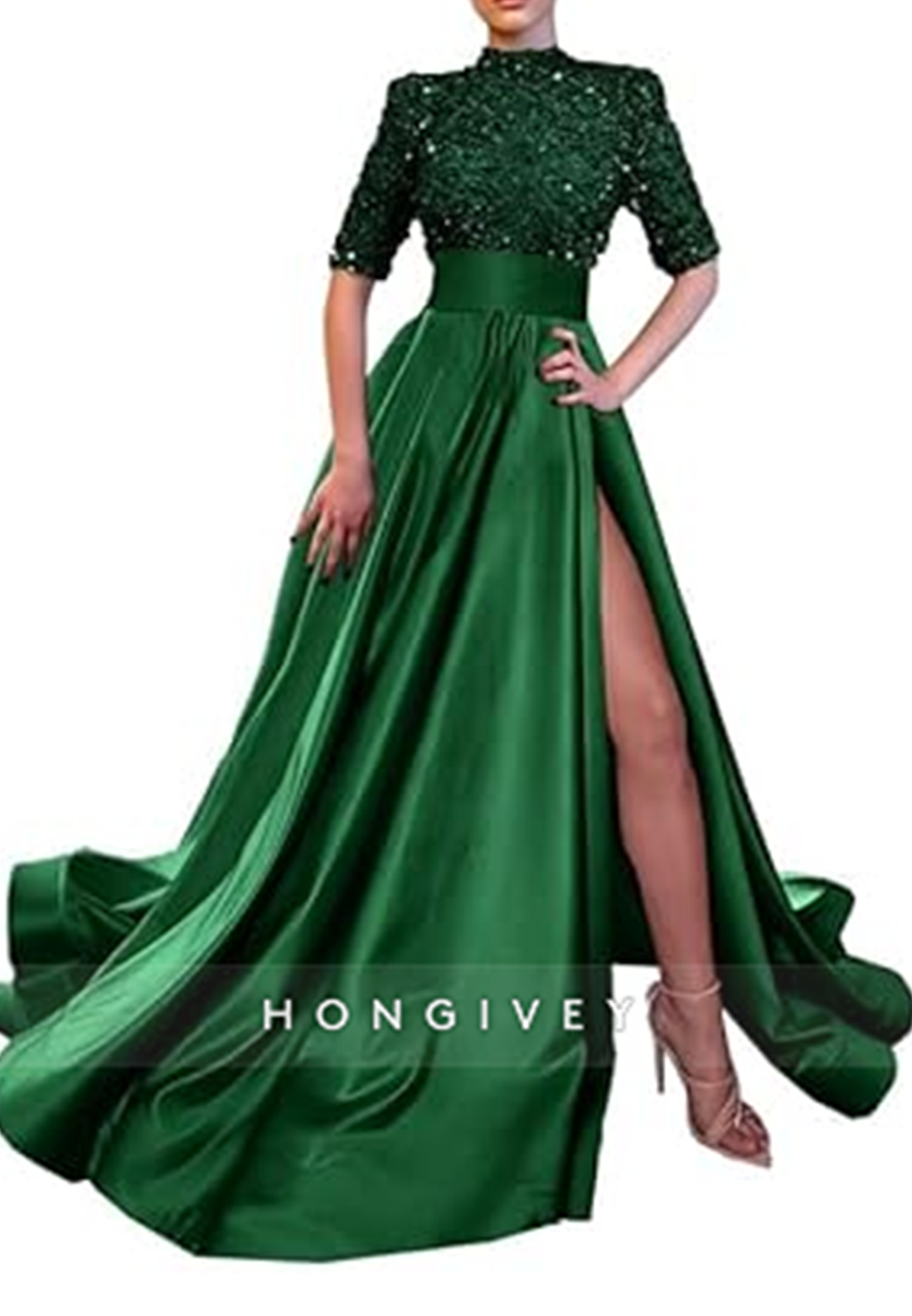 Aline High Neck Half Sleeves Sequined With Side Slit Long Prom Dress