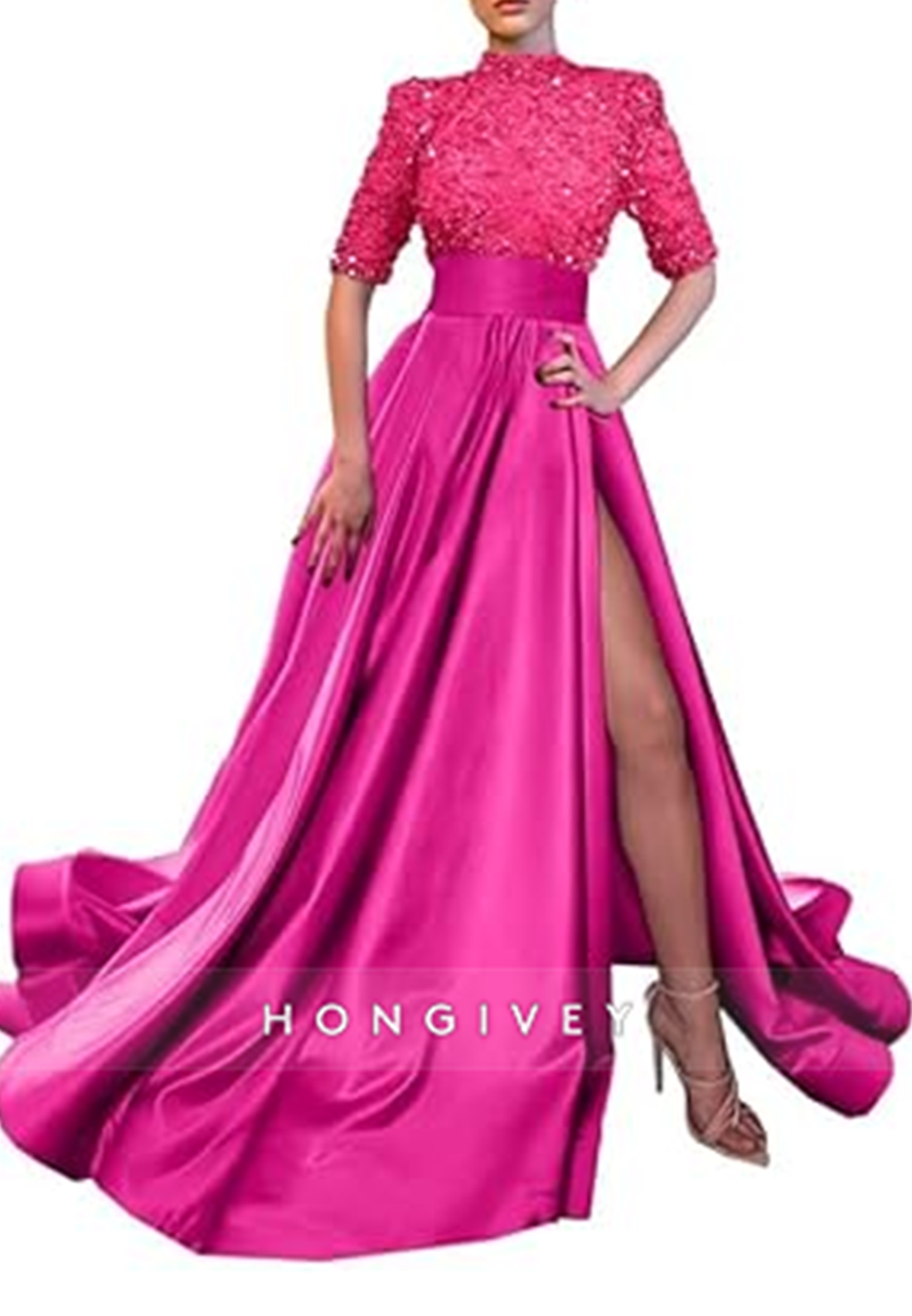 Aline High Neck Half Sleeves Sequined With Side Slit Long Prom Dress