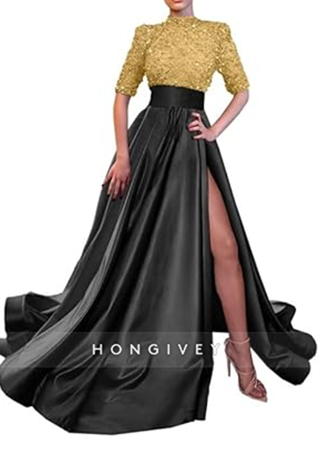 Aline High Neck Half Sleeves Sequined With Side Slit Long Prom Dress