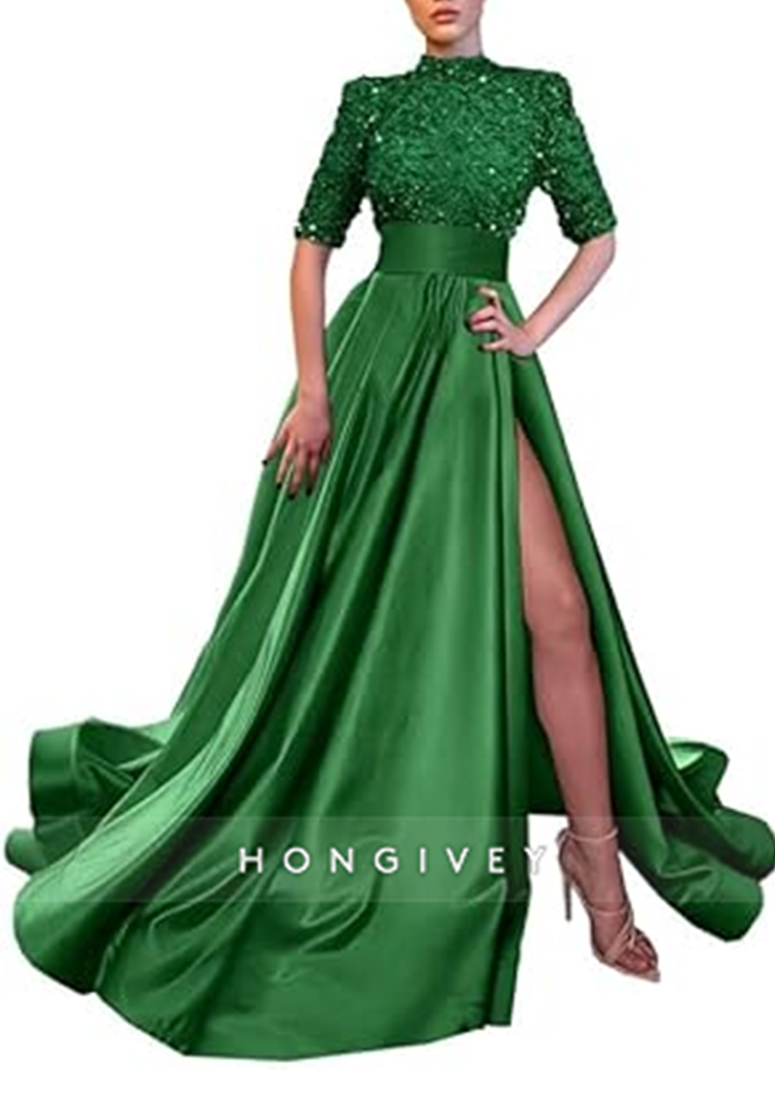 Aline High Neck Half Sleeves Sequined With Side Slit Long Prom Dress