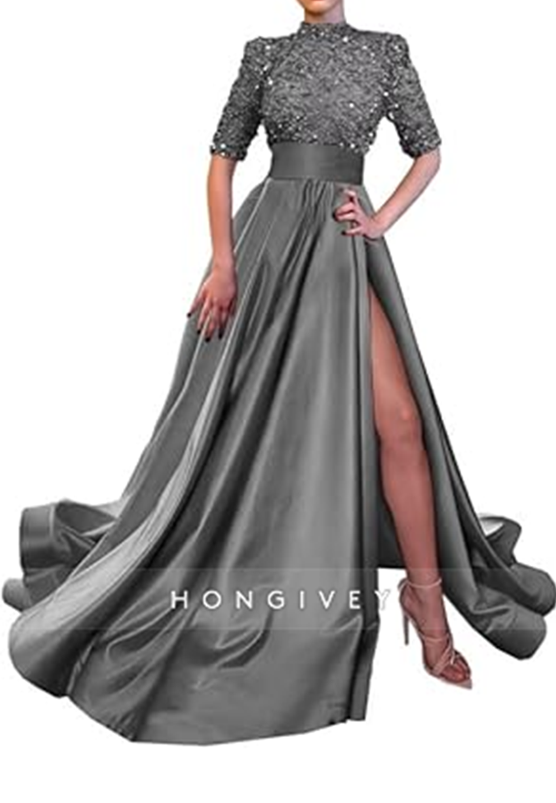 L Sparkly Sequined Paneled With Train And High Slit Prom Formal Evening Party Dress