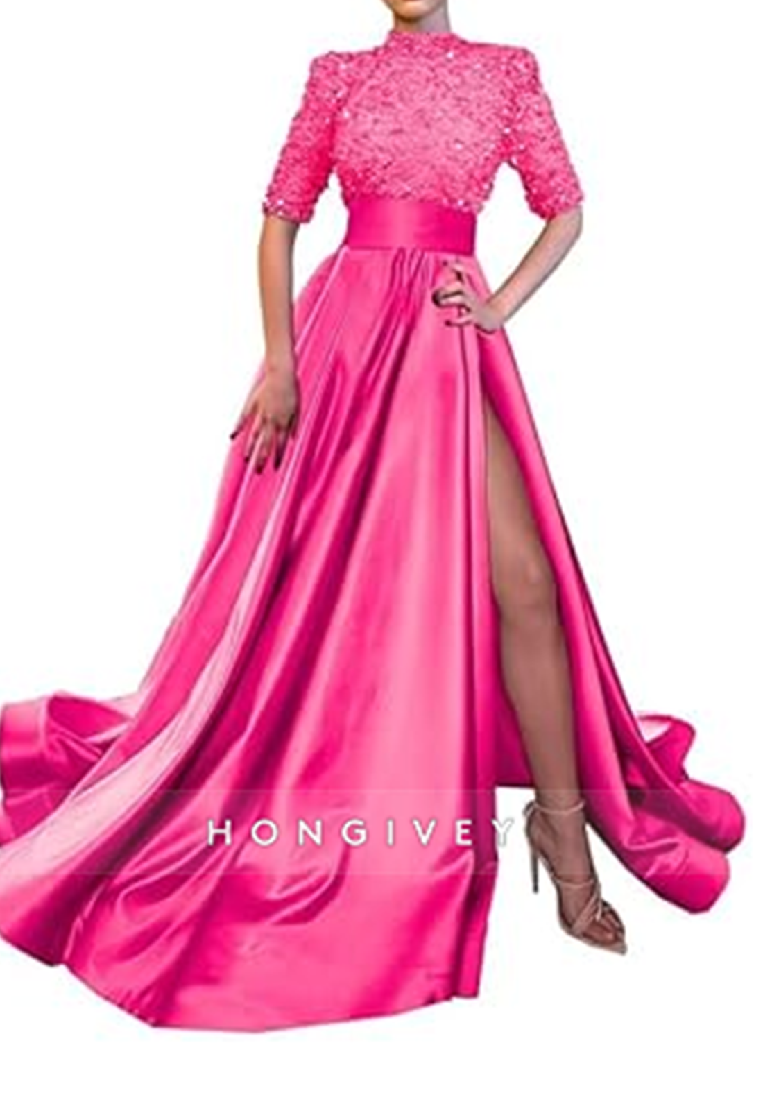 Aline High Neck Half Sleeves Sequined With Side Slit Long Prom Dress