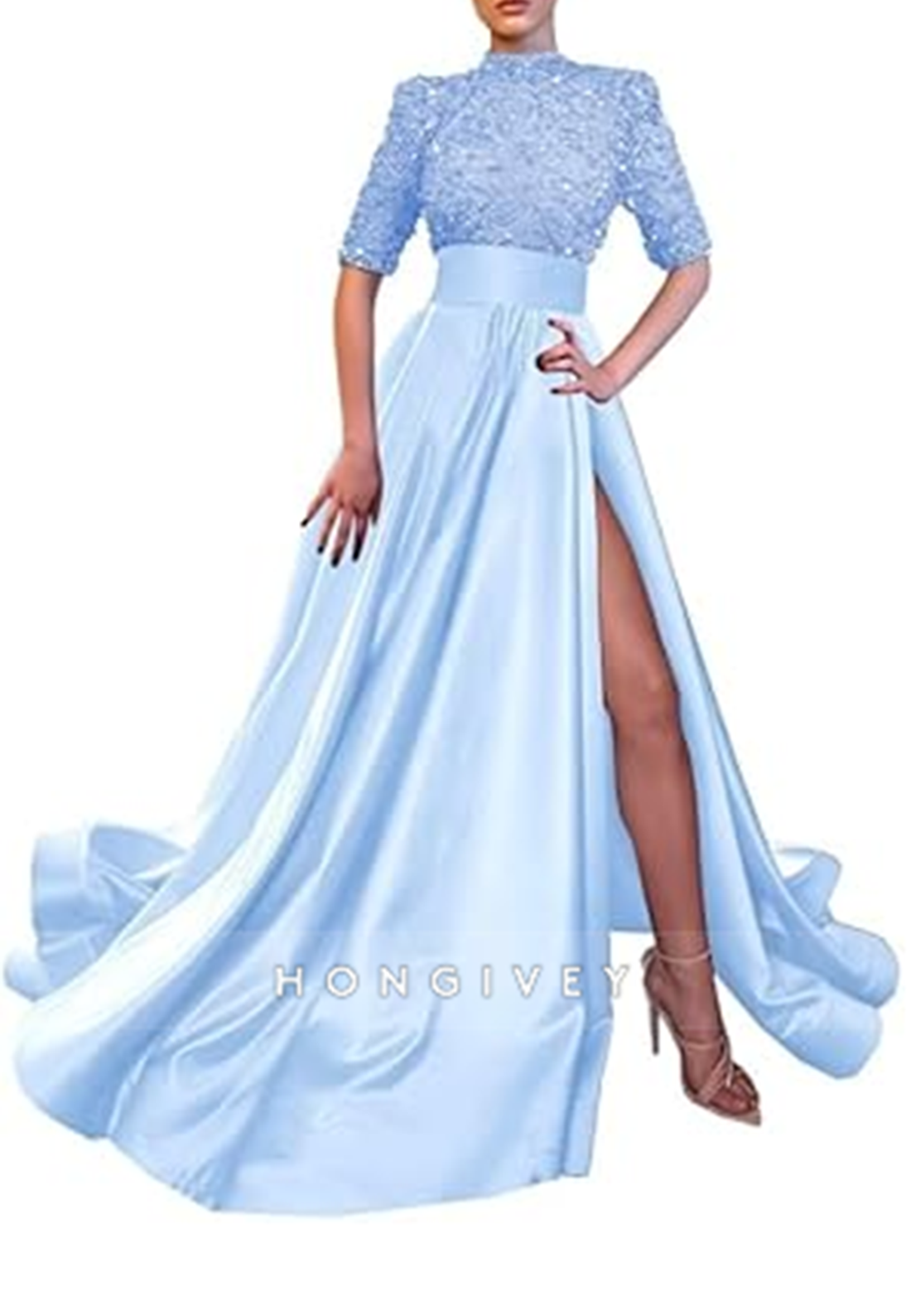 Aline High Neck Half Sleeves Sequined With Side Slit Long Prom Dress