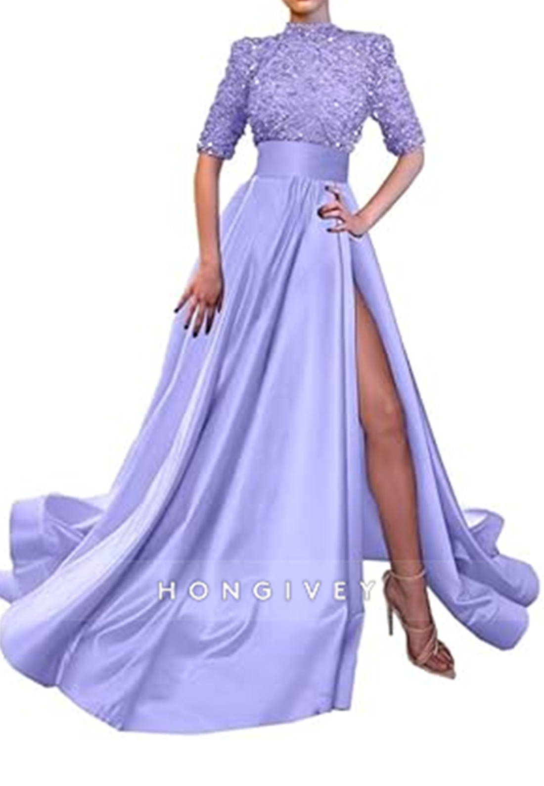 Aline High Neck Half Sleeves Sequined With Side Slit Long Prom Dress