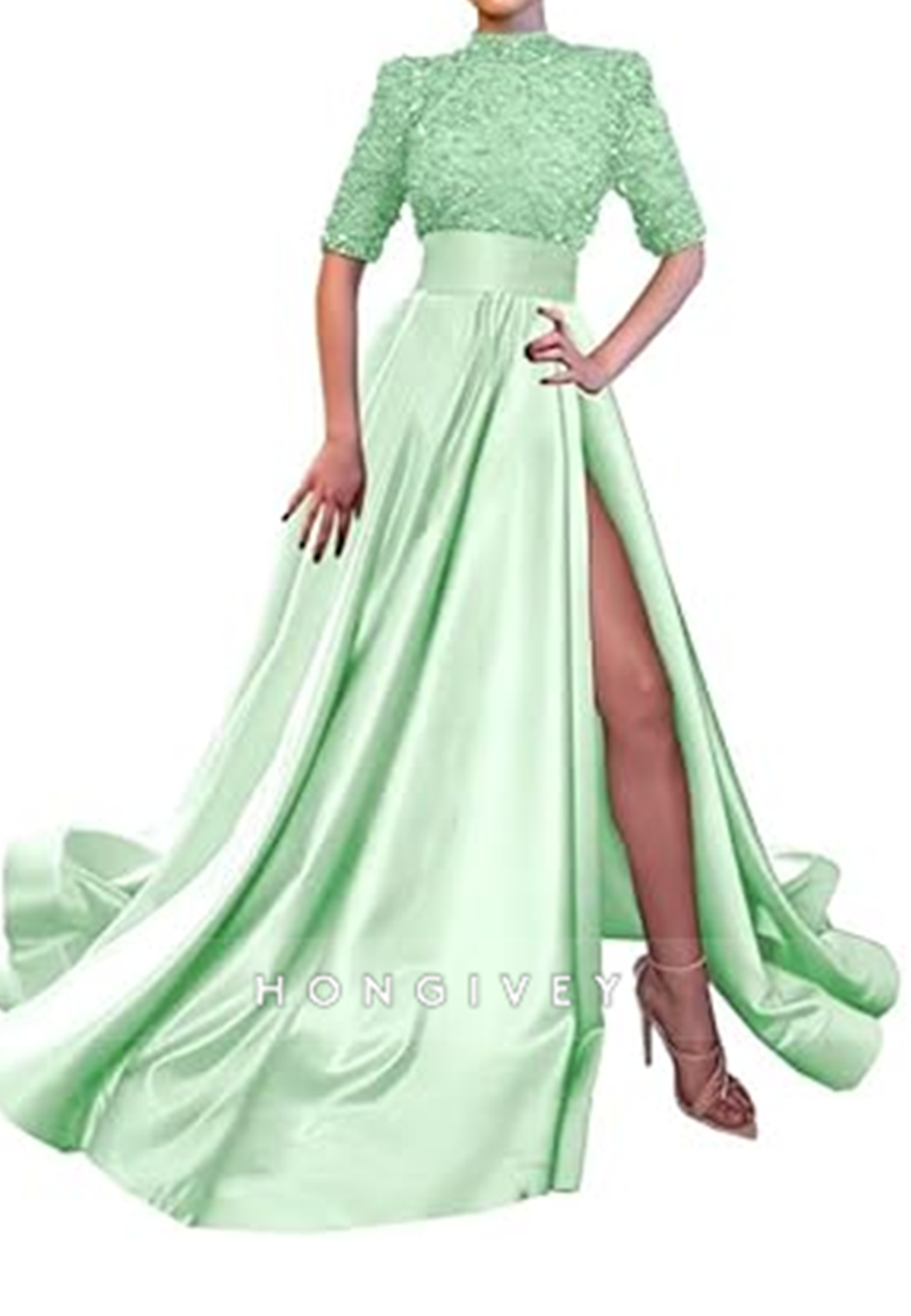 Aline High Neck Half Sleeves Sequined With Side Slit Long Prom Dress