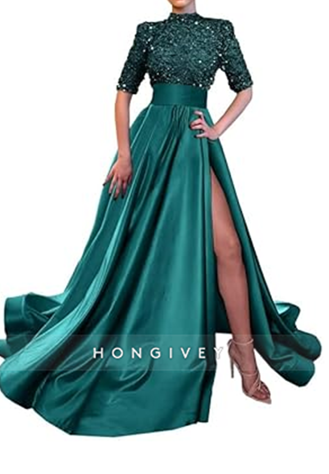 Aline High Neck Half Sleeves Sequined With Side Slit Long Prom Dress