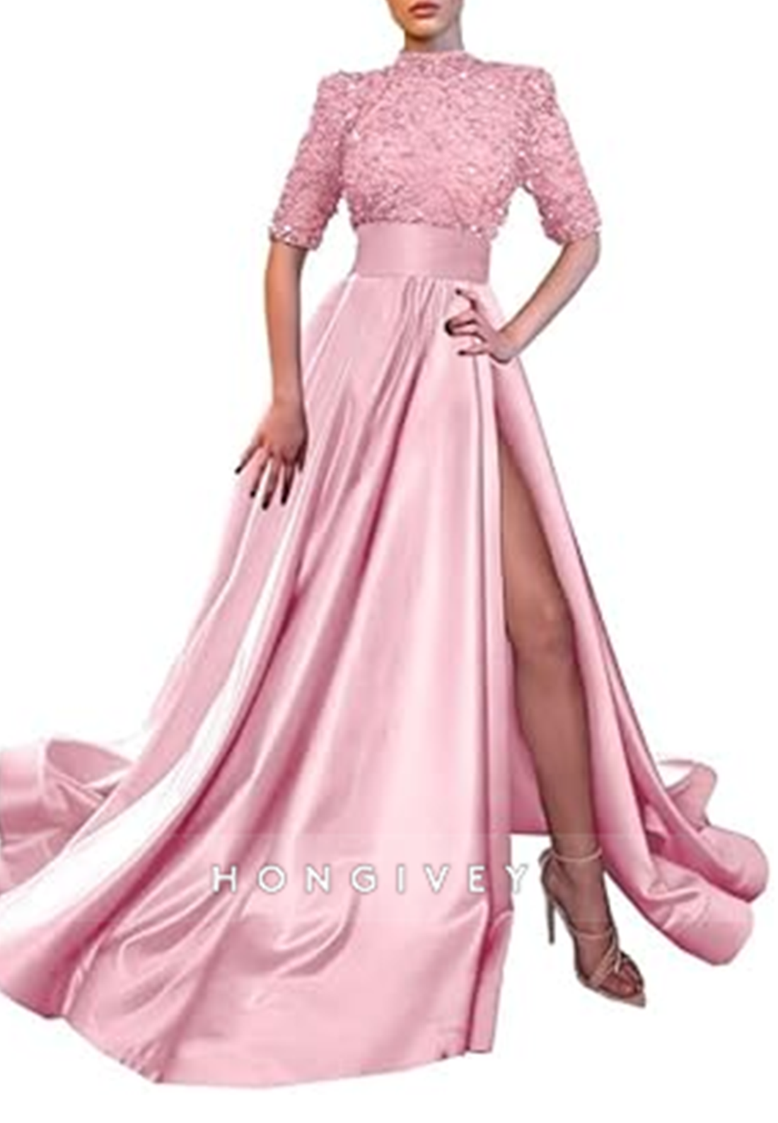 Aline High Neck Half Sleeves Sequined With Side Slit Long Prom Dress