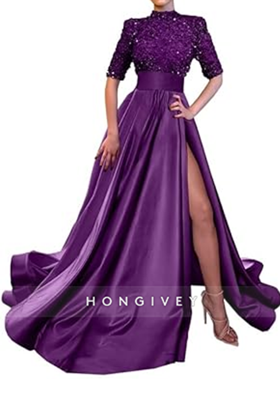 Aline High Neck Half Sleeves Sequined With Side Slit Long Prom Dress