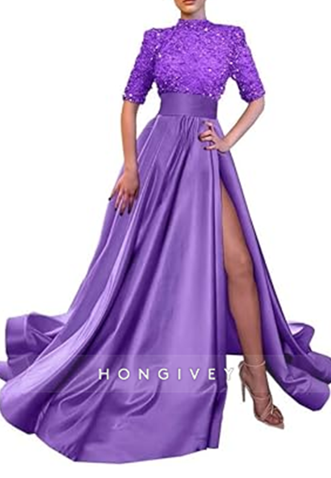 Aline High Neck Half Sleeves Sequined With Side Slit Long Prom Dress