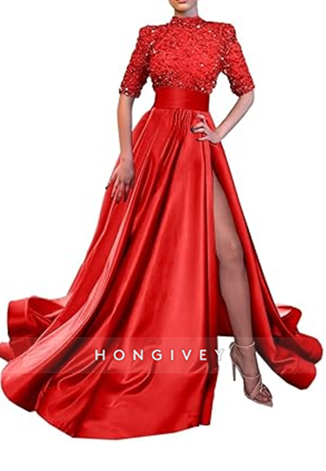 Aline High Neck Half Sleeves Sequined With Side Slit Long Prom Dress