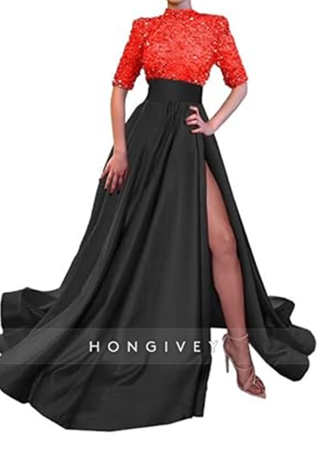 Aline High Neck Half Sleeves Sequined With Side Slit Long Prom Dress