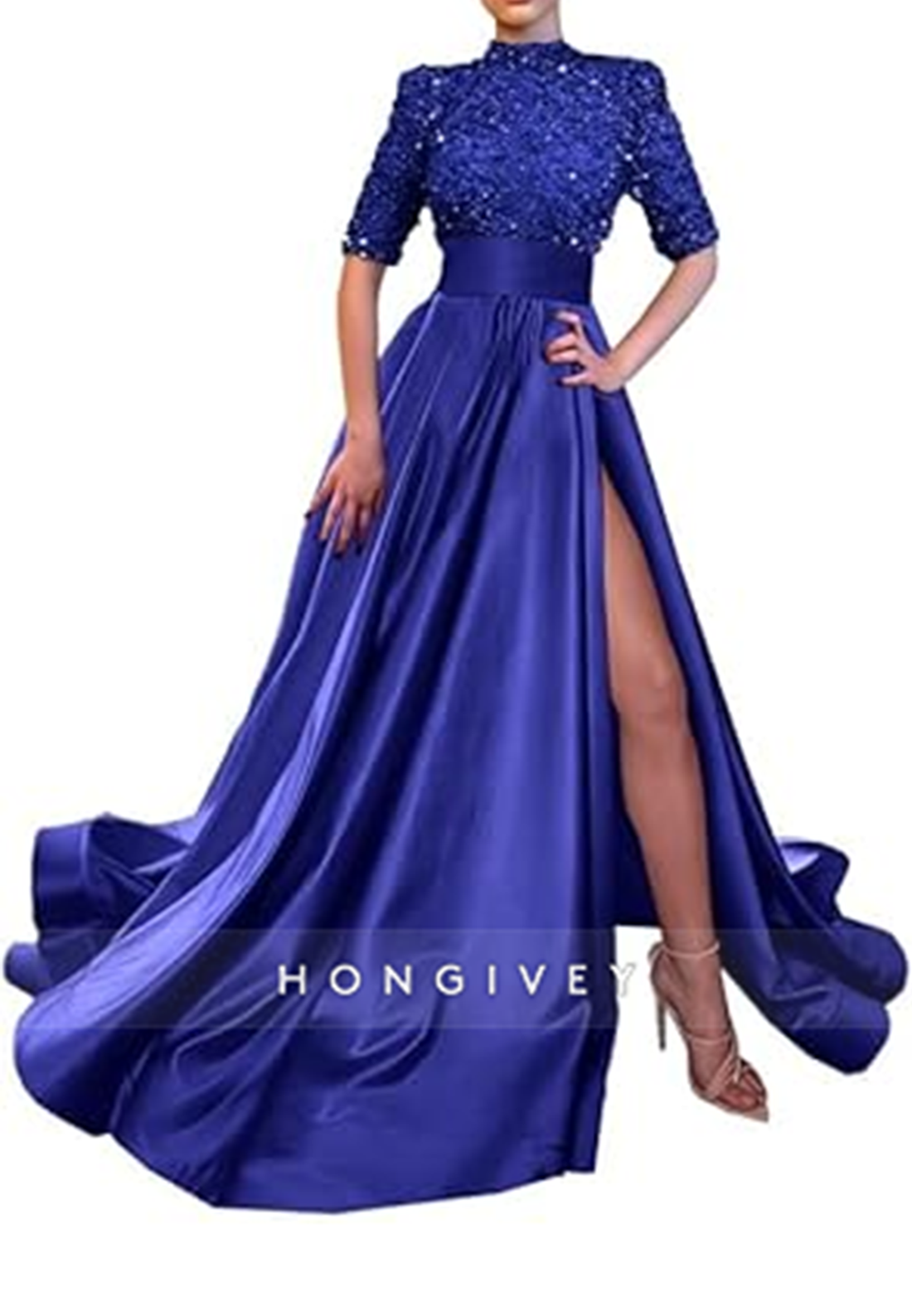 Aline High Neck Half Sleeves Sequined With Side Slit Long Prom Dress