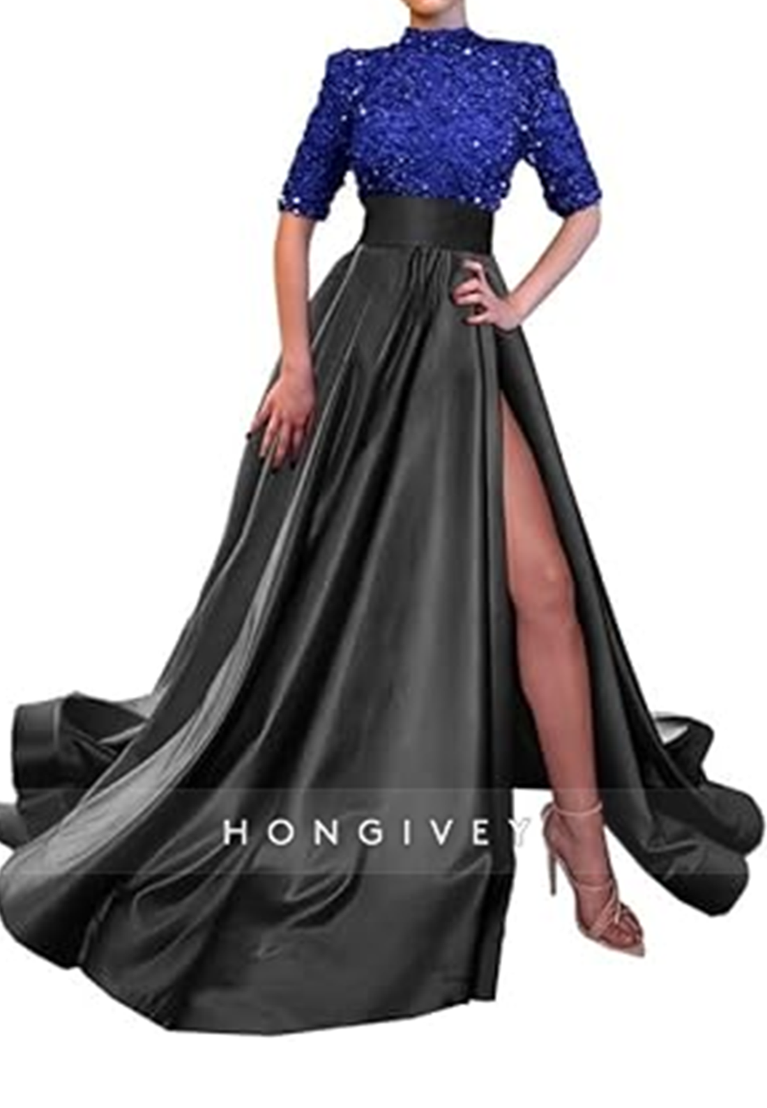 Aline High Neck Half Sleeves Sequined With Side Slit Long Prom Dress