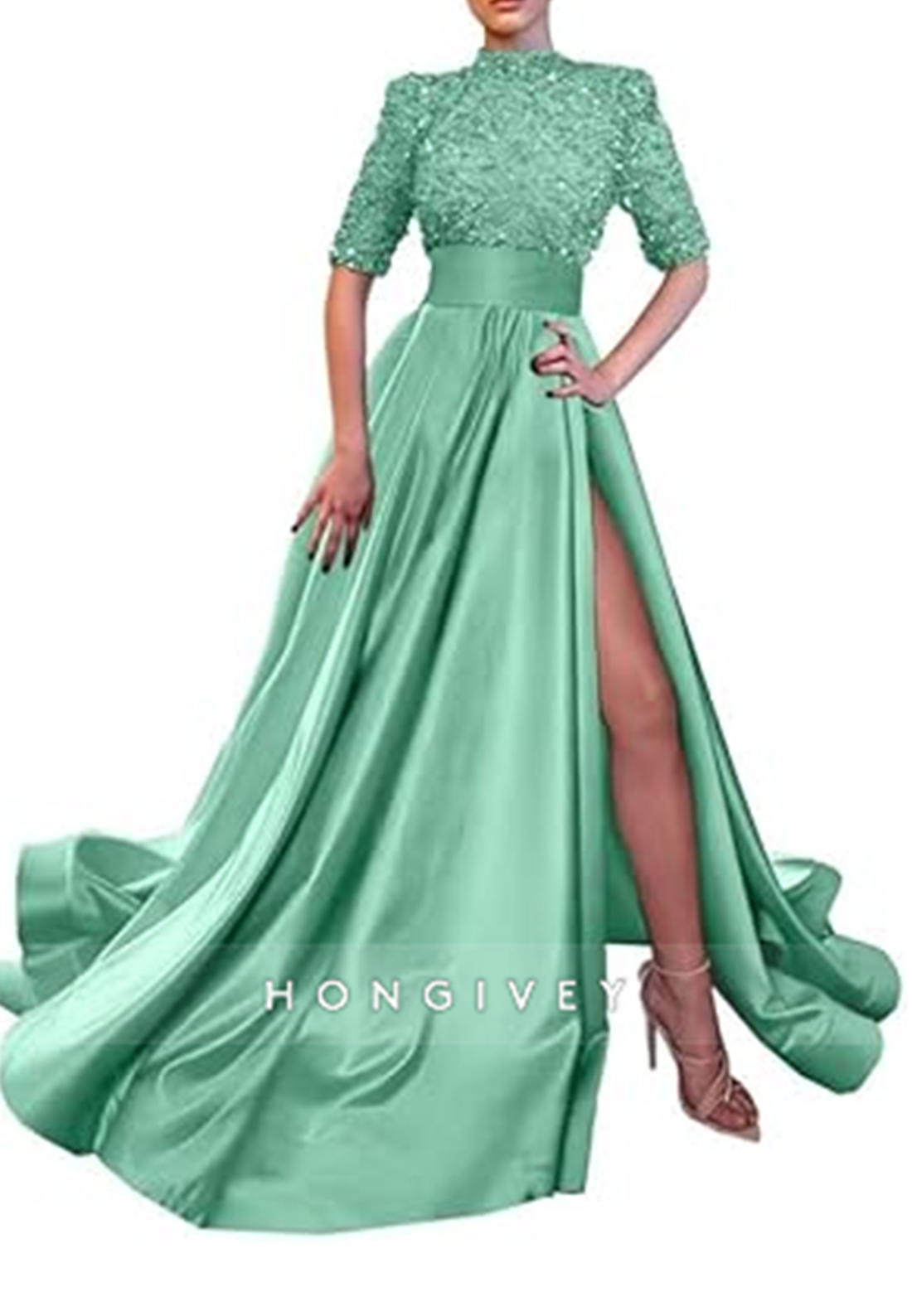 Aline High Neck Half Sleeves Sequined With Side Slit Long Prom Dress