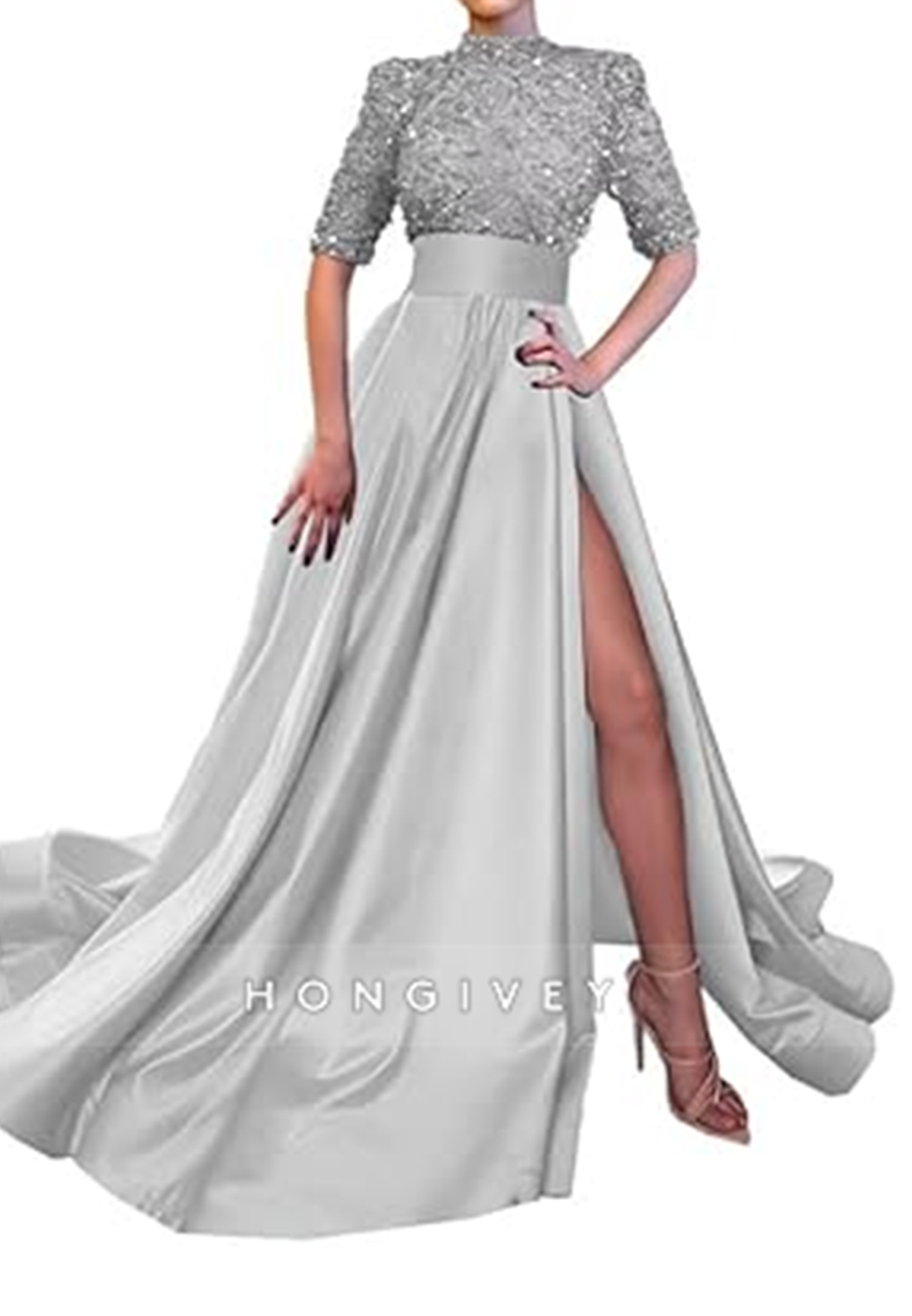 Aline High Neck Half Sleeves Sequined With Side Slit Long Prom Dress