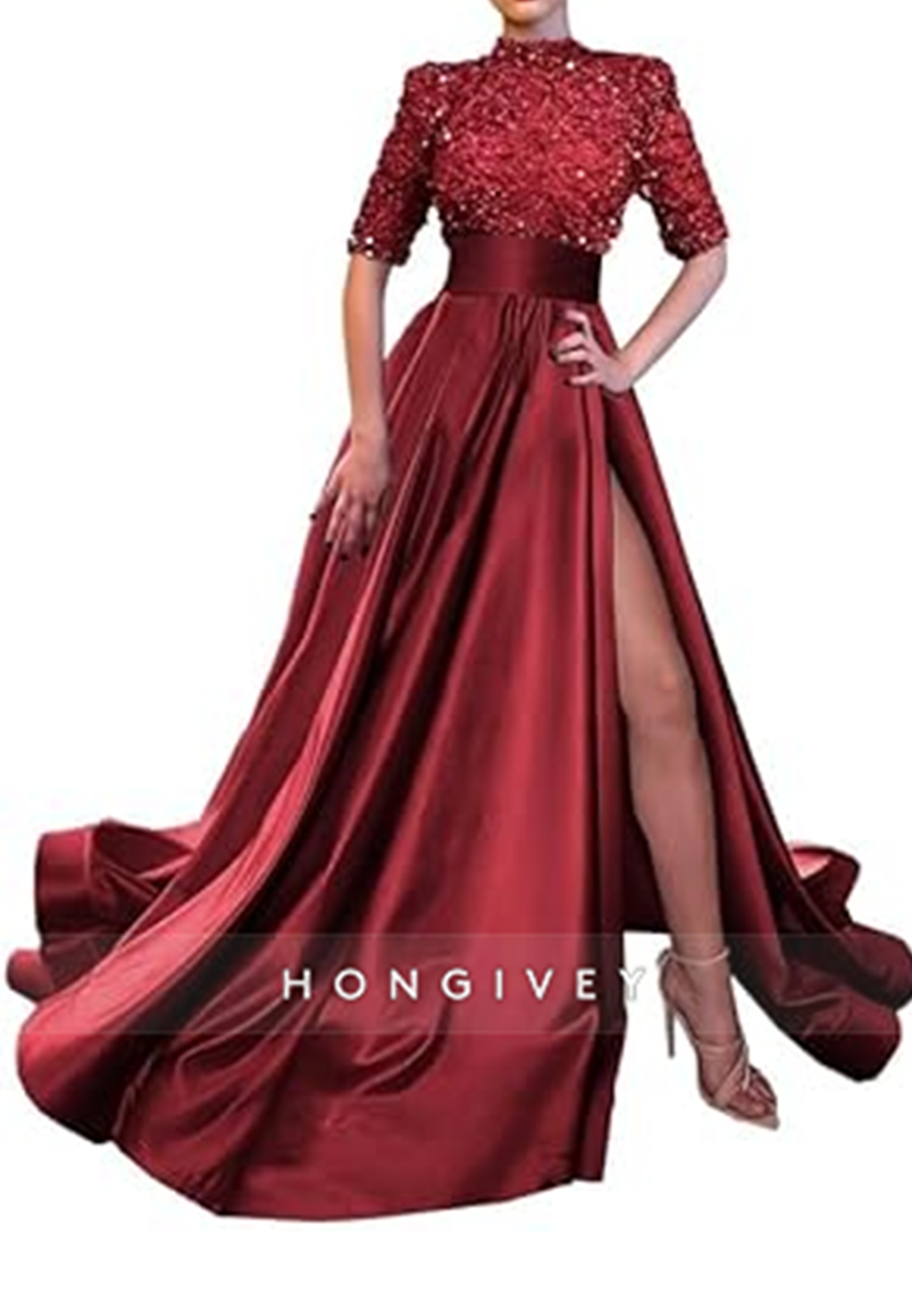 Aline High Neck Half Sleeves Sequined With Side Slit Long Prom Dress