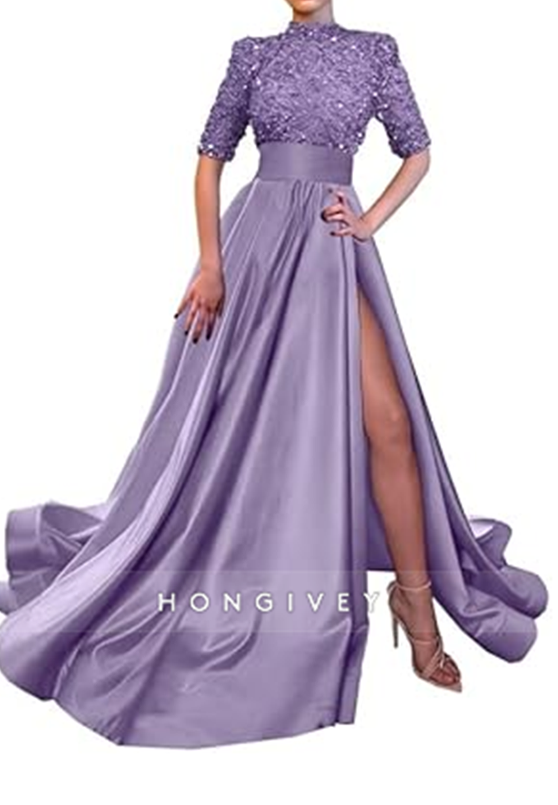 Aline High Neck Half Sleeves Sequined With Side Slit Long Prom Dress