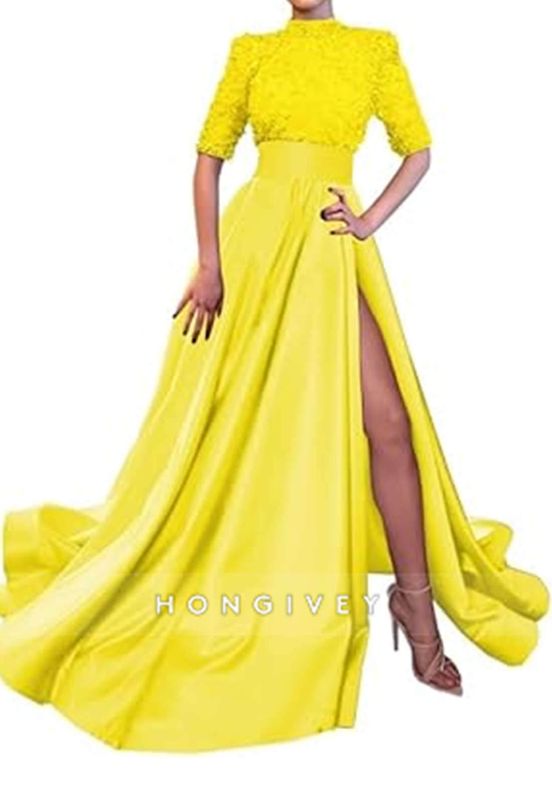 Aline High Neck Half Sleeves Sequined With Side Slit Long Prom Dress