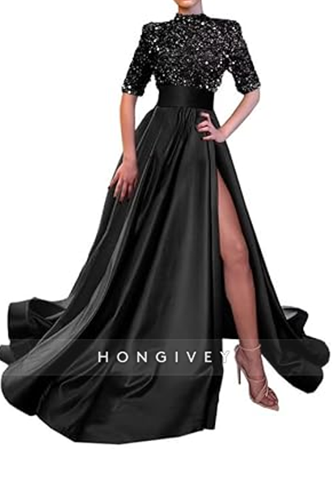 Aline High Neck Half Sleeves Sequined With Side Slit Long Prom Dress