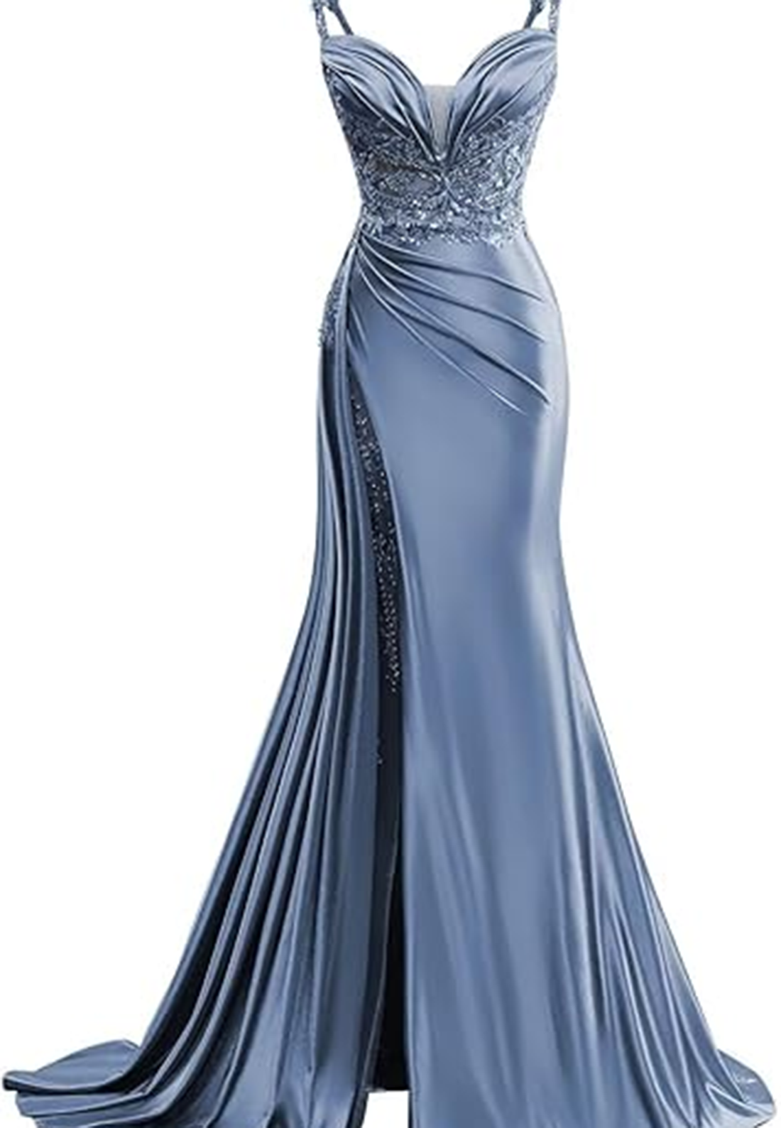 L Sexy Illusion Satin Fitted Sweetheart Spaghetti Straps Empire Ruched With Train Party Prom Evening Dress