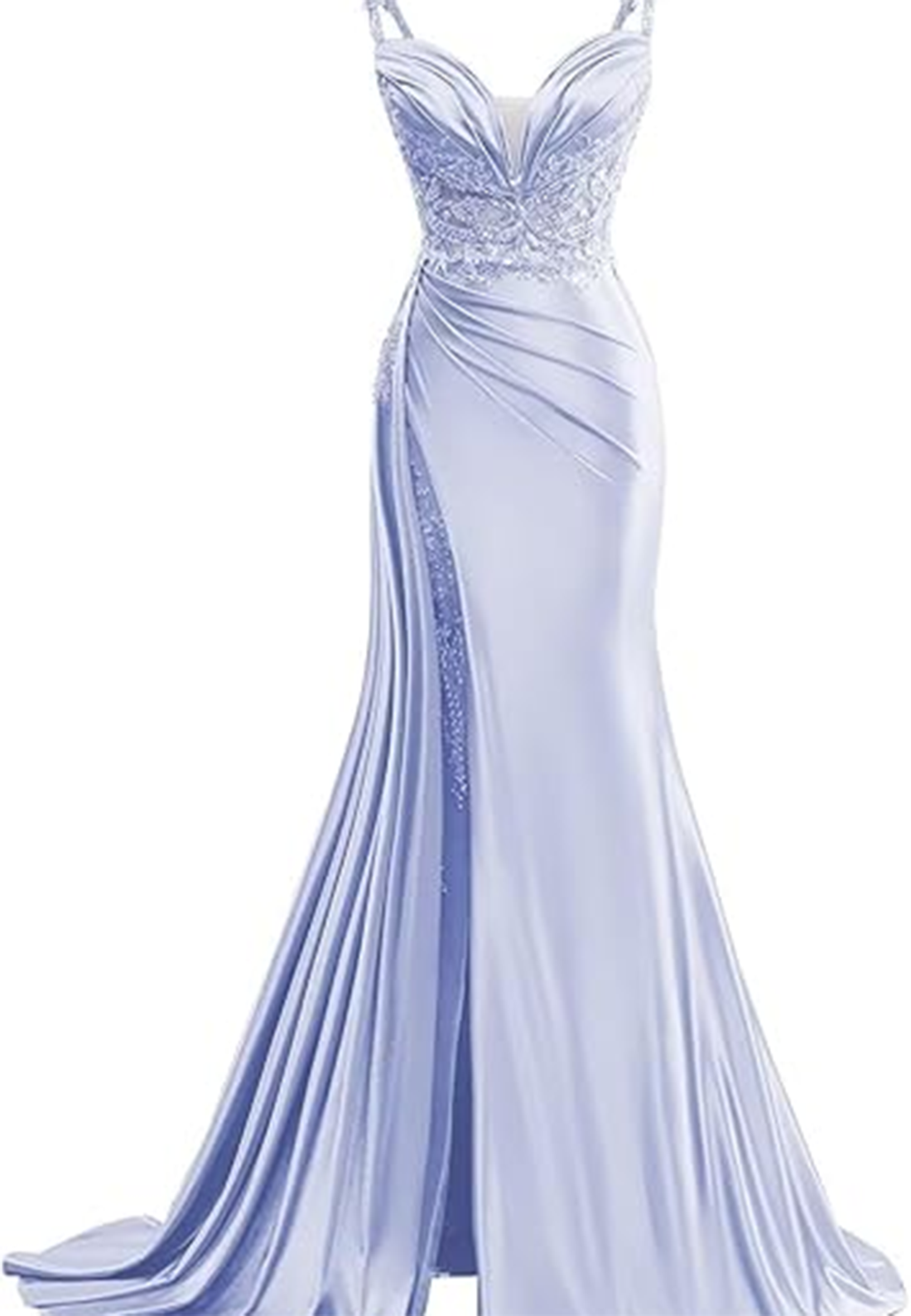 L Sexy Illusion Satin Fitted Sweetheart Spaghetti Straps Empire Ruched With Train Party Prom Evening Dress