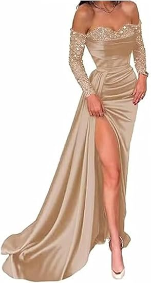 Casual Satin Fitted Sweetheart Sequined With Side Slit Long Prom Dress