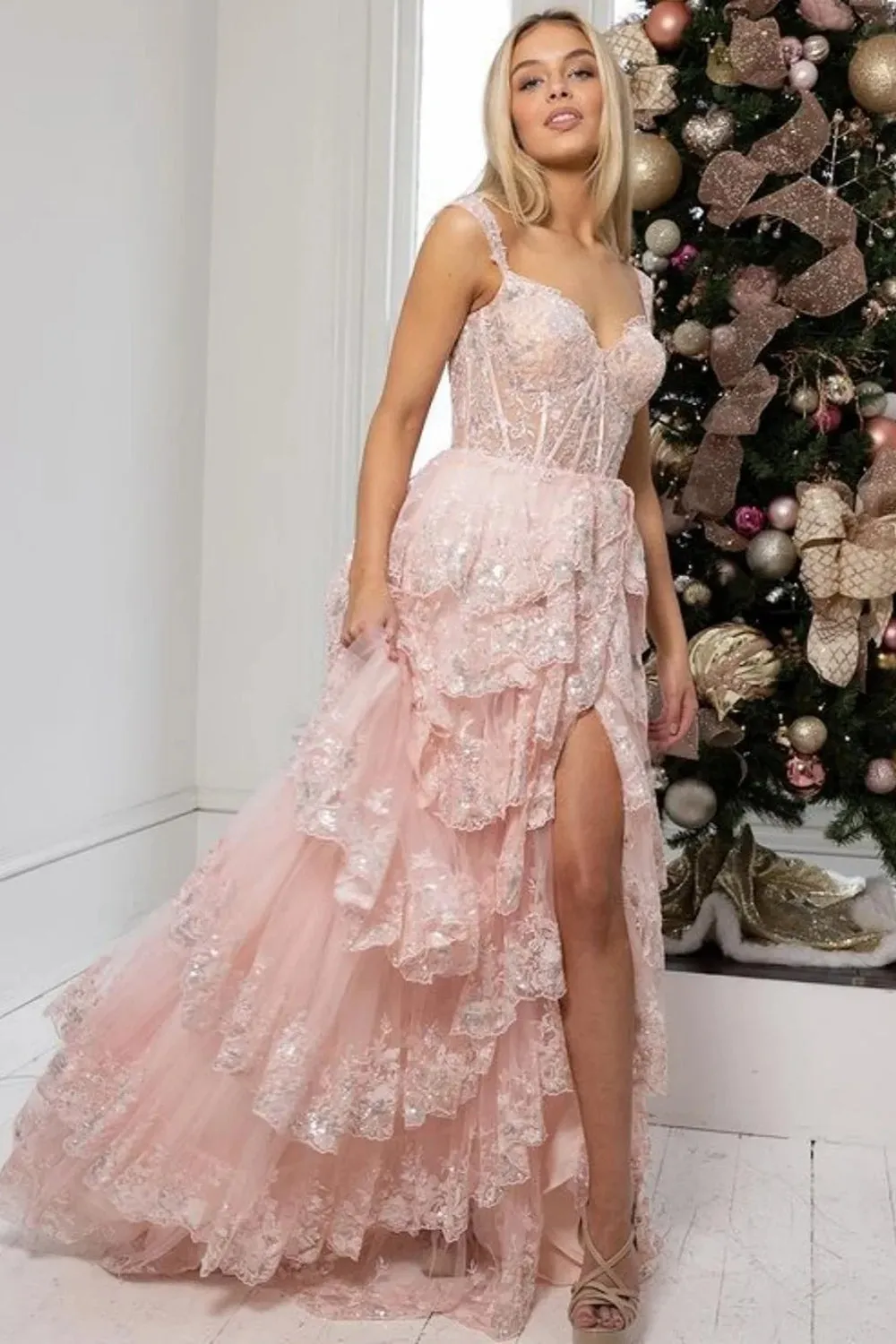 L Sweet Fully Lace Illusion With Train And Slit Cake Evening Formal Party Prom Dress