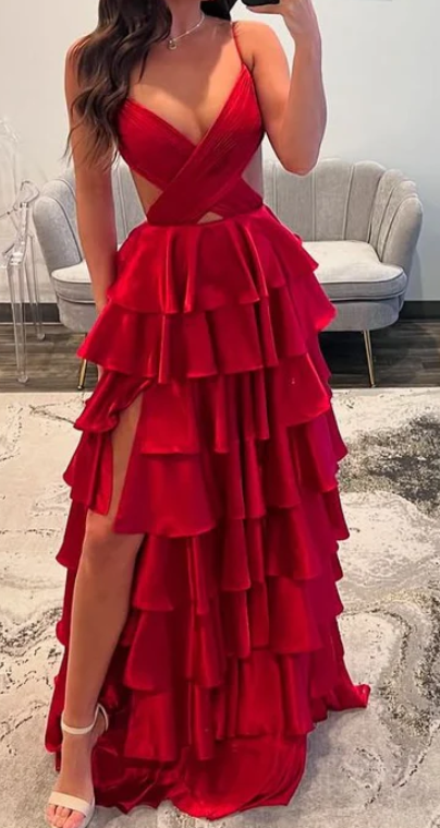 Sexy Red Vneck Spaghetti Straps Prom Dress Tiered With Slit Aline Ball Gown