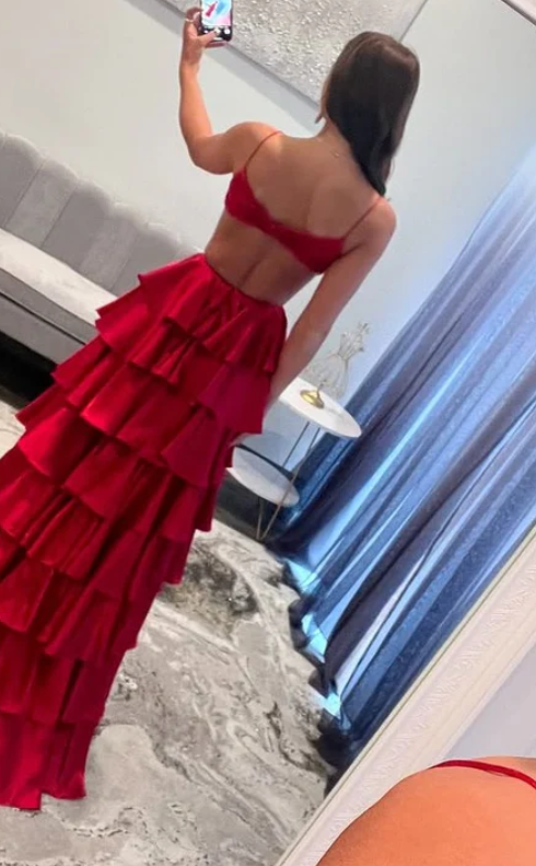 Sexy Red Vneck Spaghetti Straps Prom Dress Tiered With Slit Aline Ball Gown