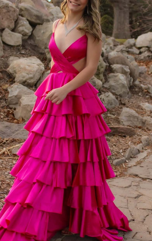 Sexy Red Vneck Spaghetti Straps Prom Dress Tiered With Slit Aline Ball Gown