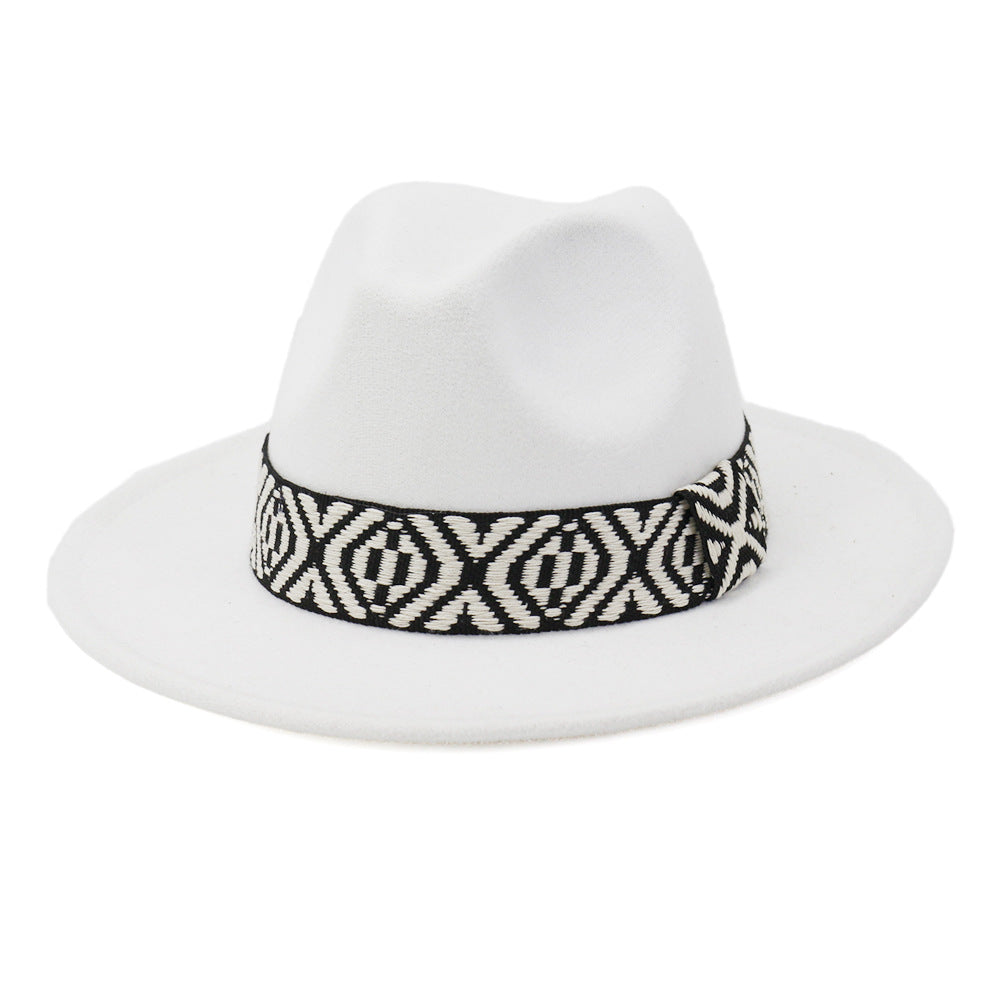 [Minimum order quantity is 2 pieces]Autumn Winter Woolen Jazz Top Hat Men Women Big Brim Hat FlatBrimmed Cap 58cm White