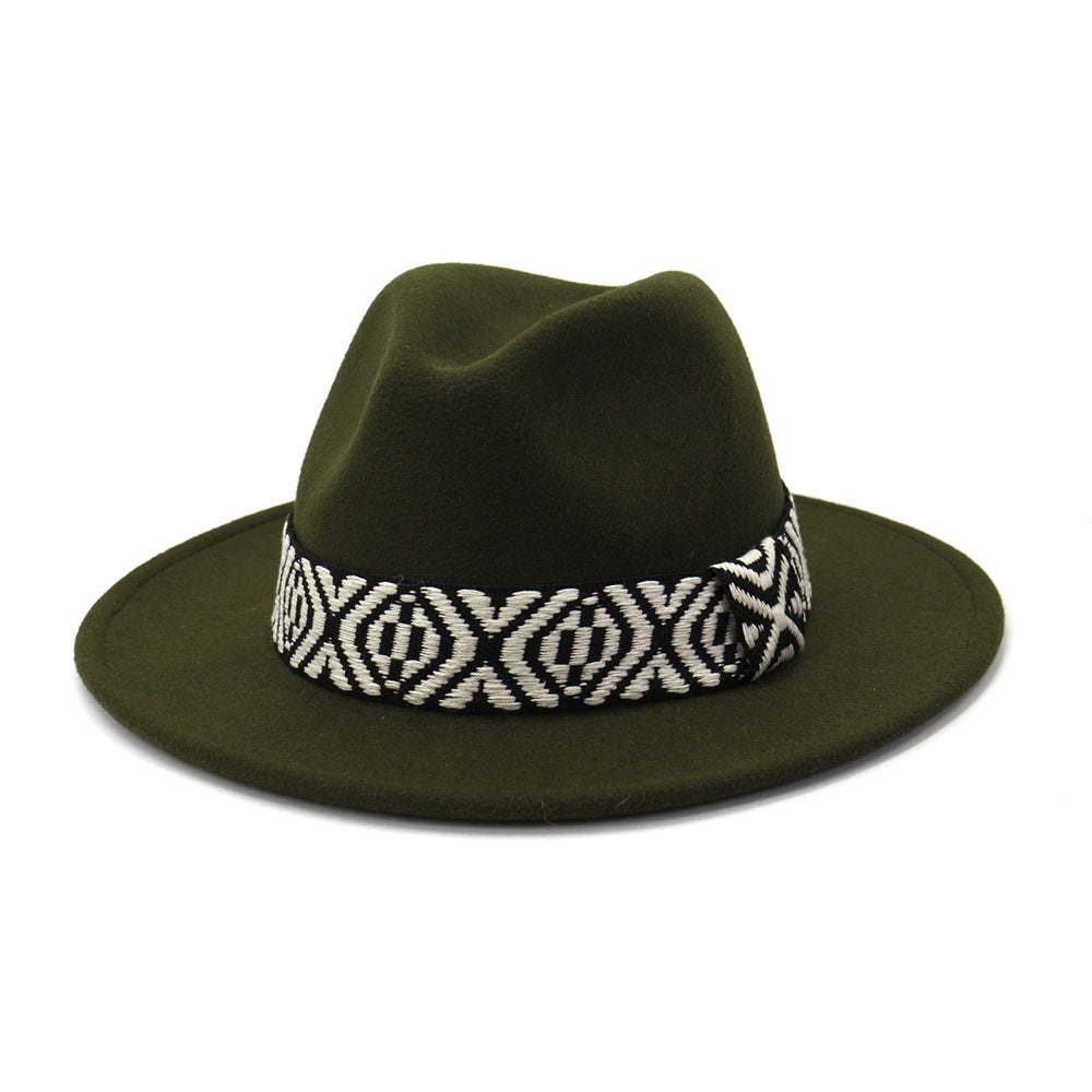 [Minimum order quantity is 2 pieces]Autumn Winter Woolen Jazz Top Hat Men Women Big Brim Hat FlatBrimmed Cap 58cm Army Green