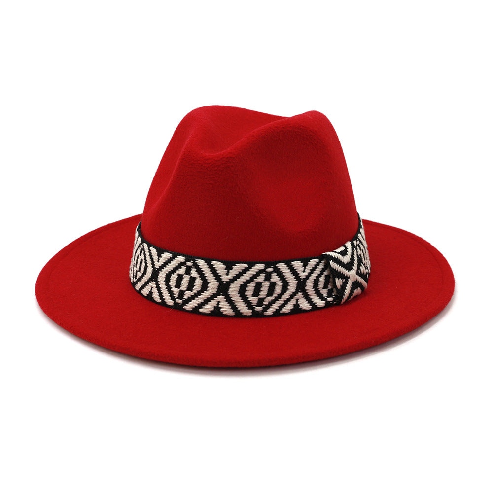 [Minimum order quantity is 2 pieces]Autumn Winter Woolen Jazz Top Hat Men Women Big Brim Hat FlatBrimmed Cap 58cm Red