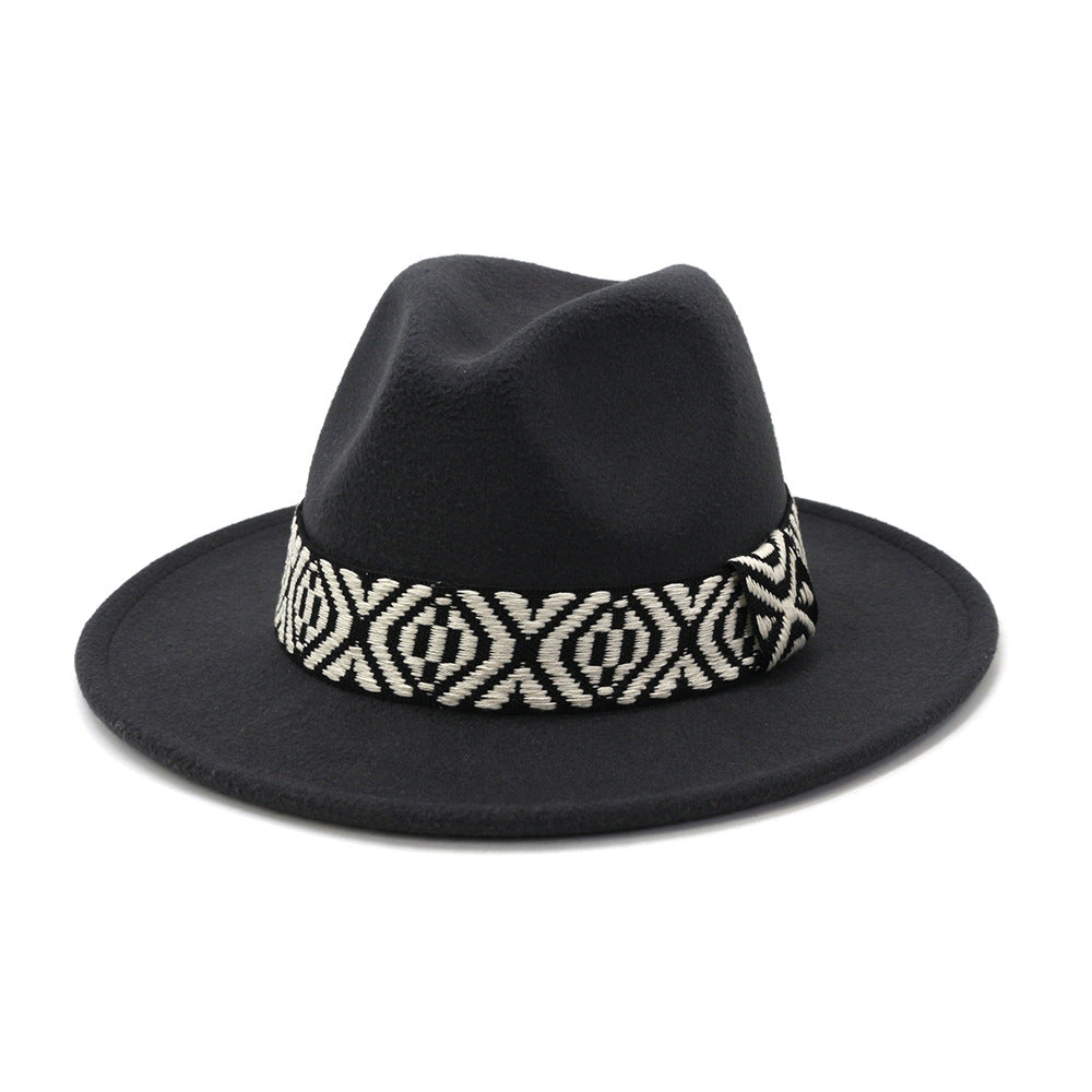 [Minimum order quantity is 2 pieces]Autumn Winter Woolen Jazz Top Hat Men Women Big Brim Hat FlatBrimmed Cap 58cm Dark Grey