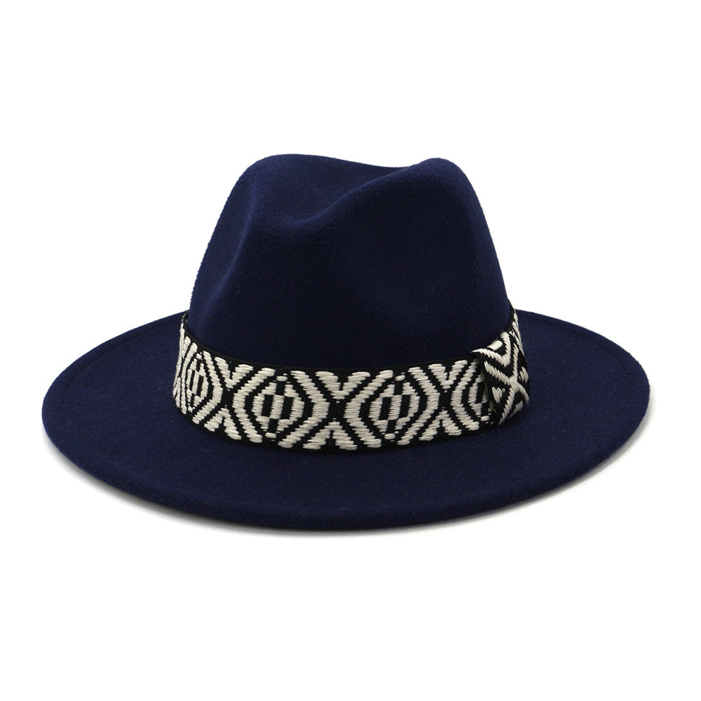 [Minimum order quantity is 2 pieces]Autumn Winter Woolen Jazz Top Hat Men Women Big Brim Hat FlatBrimmed Cap 58cm Navy Blue