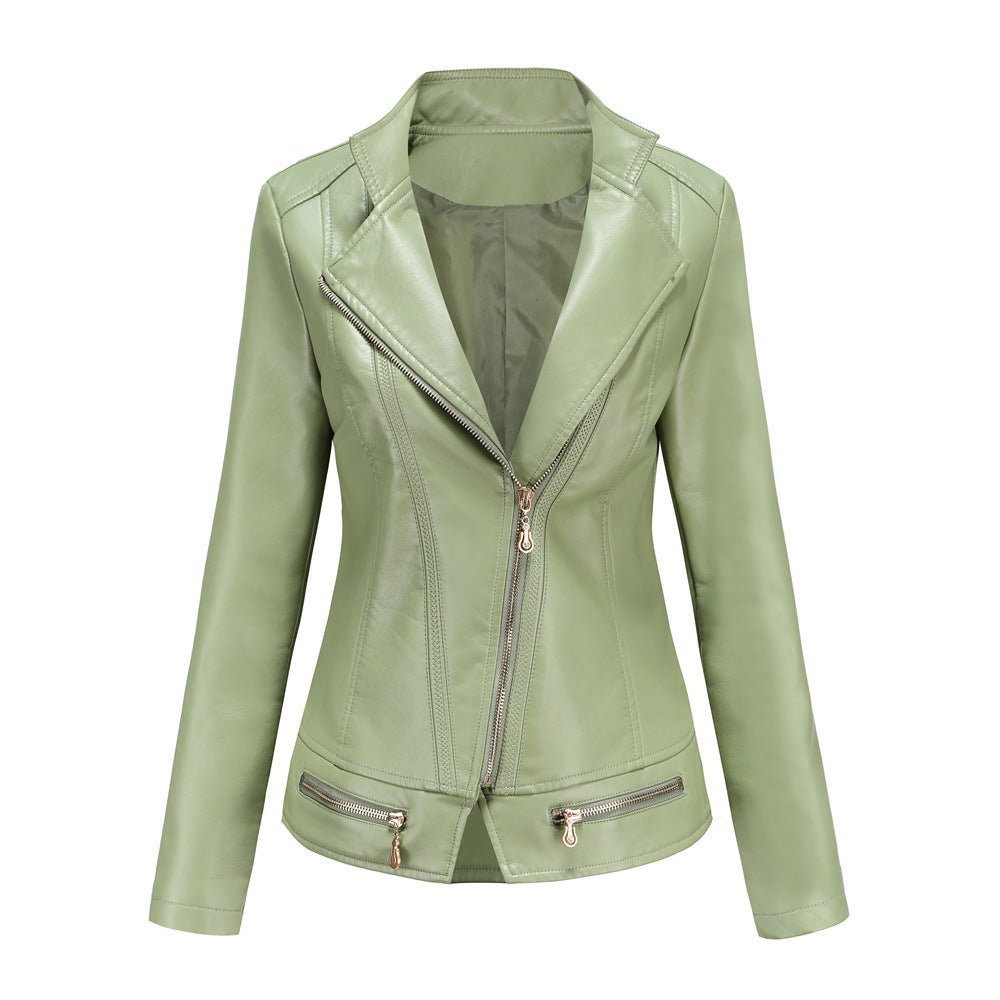 Women Faux Leather Thin Spring Autumn Coat Women Jacket Casual Clothing Mustard Green (Thin)