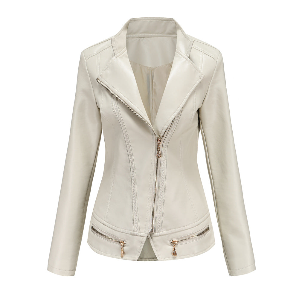 Women Faux Leather Thin Spring Autumn Coat Women Jacket Casual Clothing Beige (Thin)