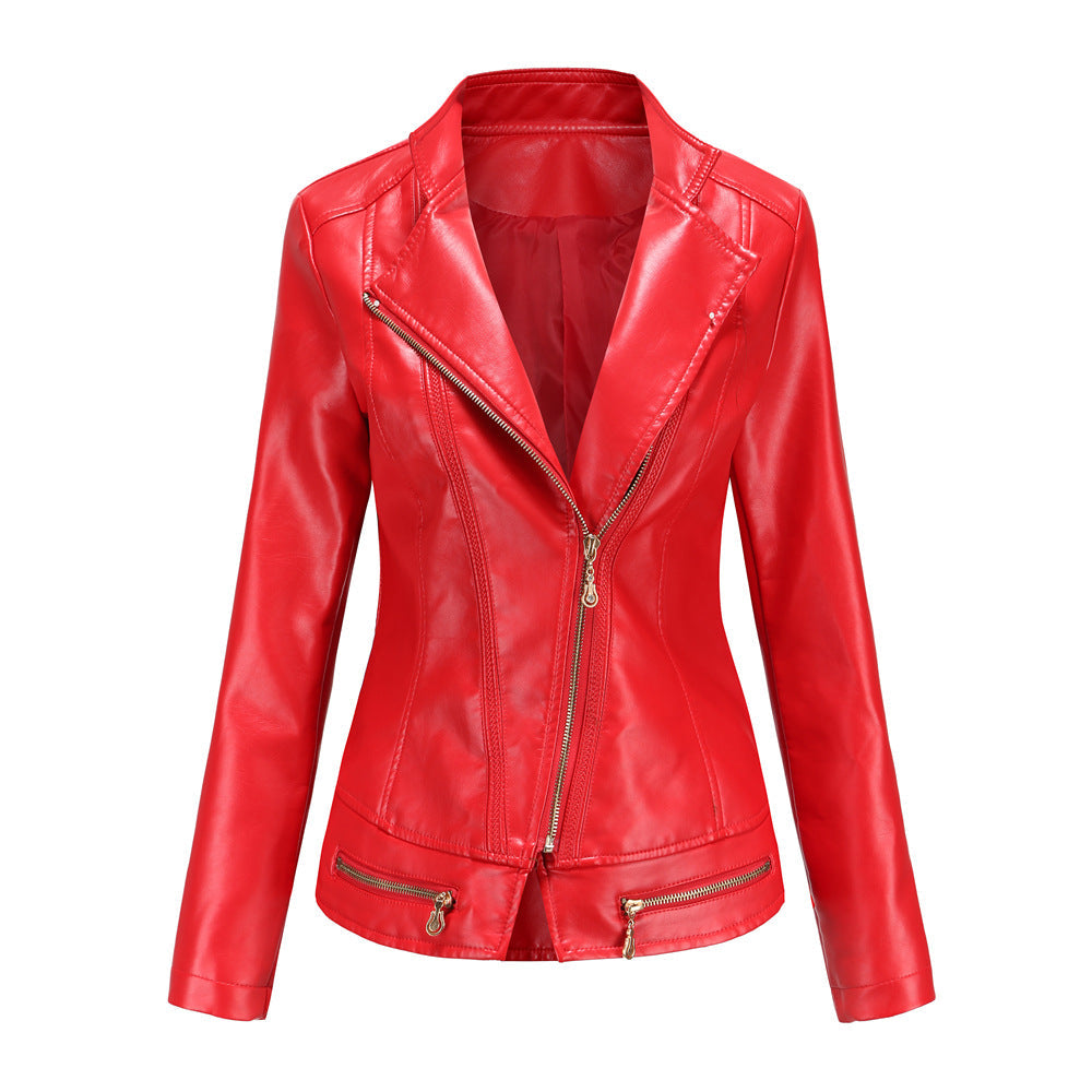 Women Faux Leather Thin Spring Autumn Coat Women Jacket Casual Clothing Red (Thin)