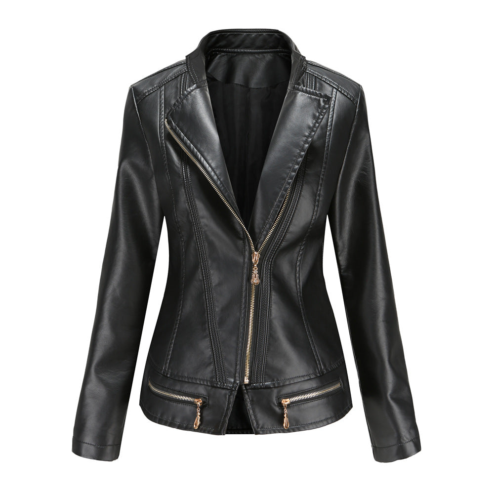 Women Faux Leather Thin Spring Autumn Coat Women Jacket Casual Clothing Black (Thin)