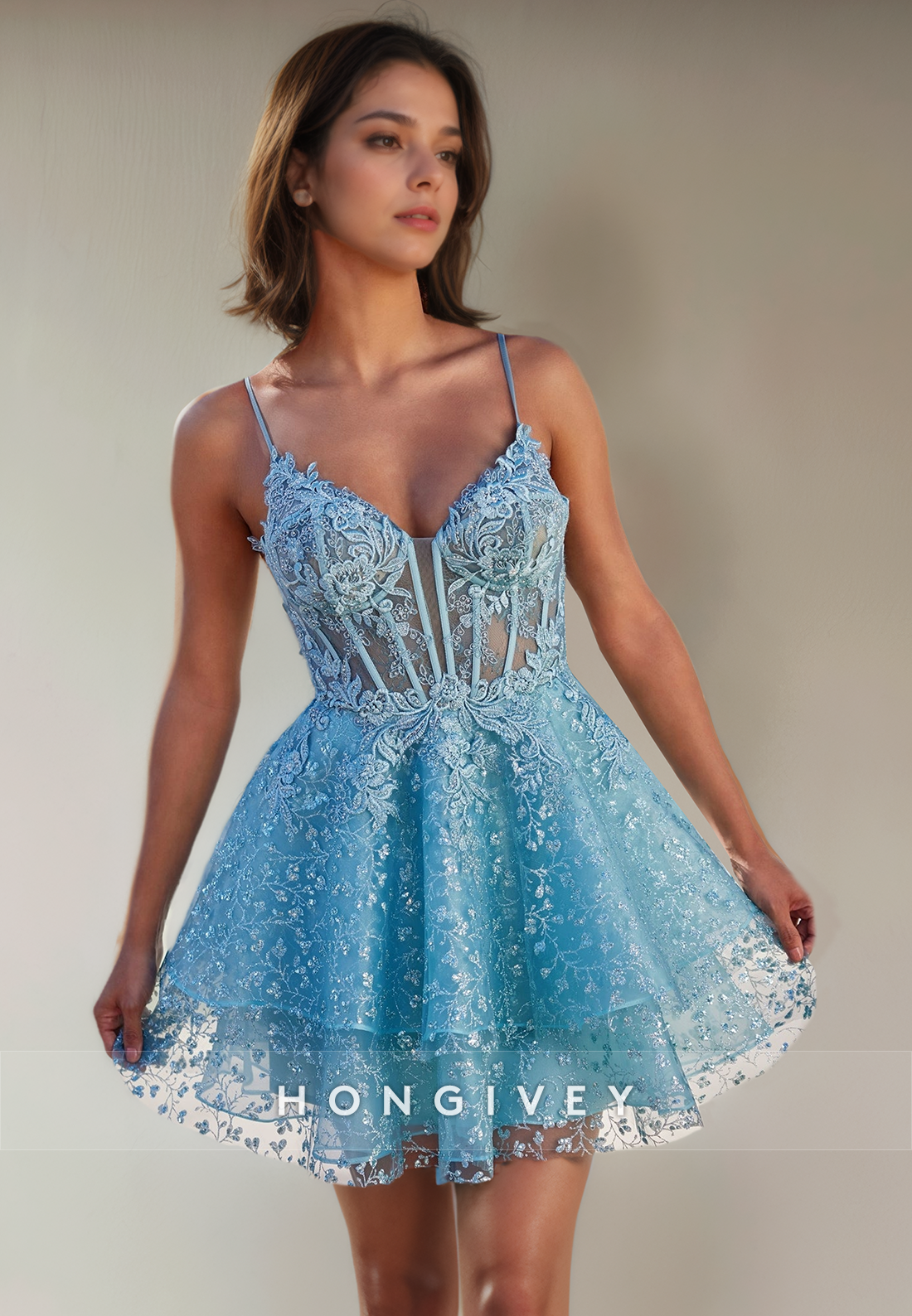 Tulle Aline Vneck Spaghetti Straps Sheer Short Party Homecoming Dress