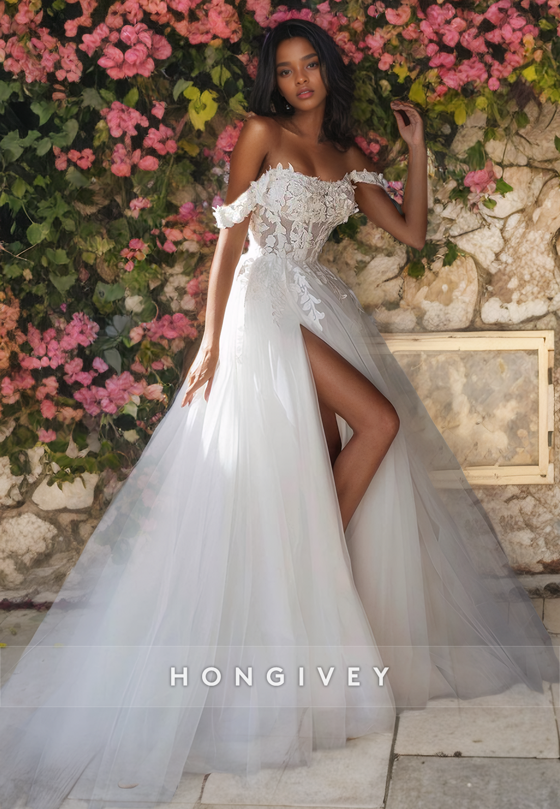 Sexy Tulle Aline Offshoulder Empire Appliques With Side Slit Wedding Dress