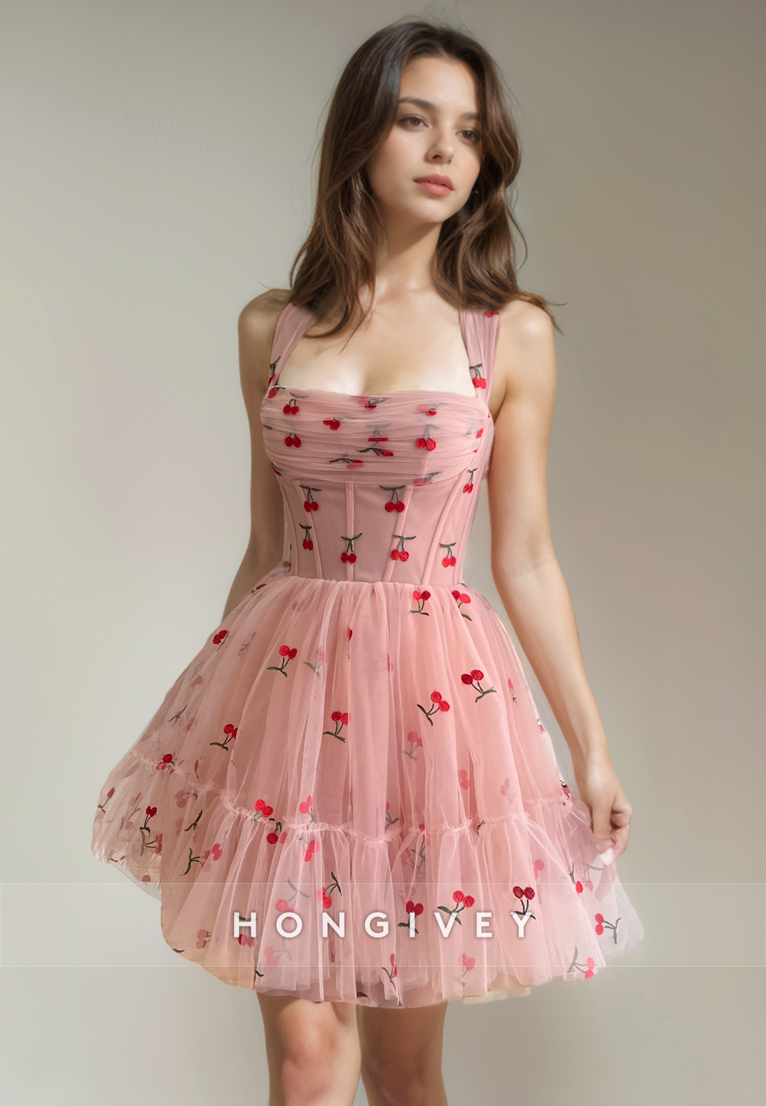 Tulle Aline Square Spaghetti Straps Appliques Short Party Homecoming Dress