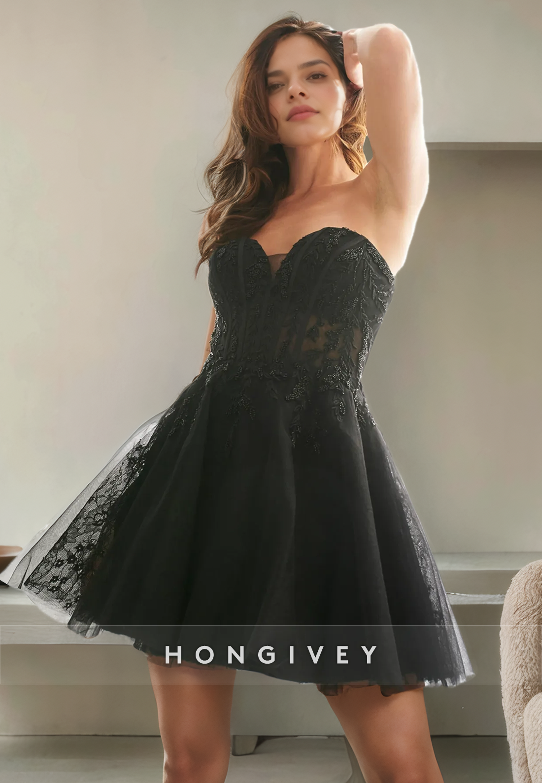 Black Aline Strapless Sweetheart Lace Applique Short Homecoming Dress