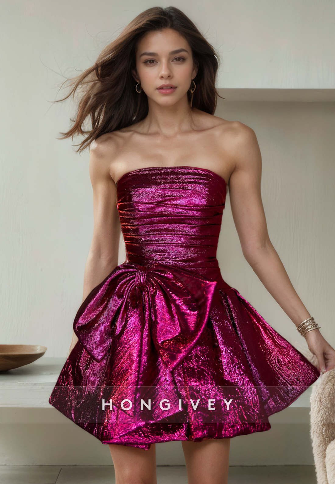 Chic Aline Strapless Sleeveless Bowknot Ruched Short Homecoming Dress