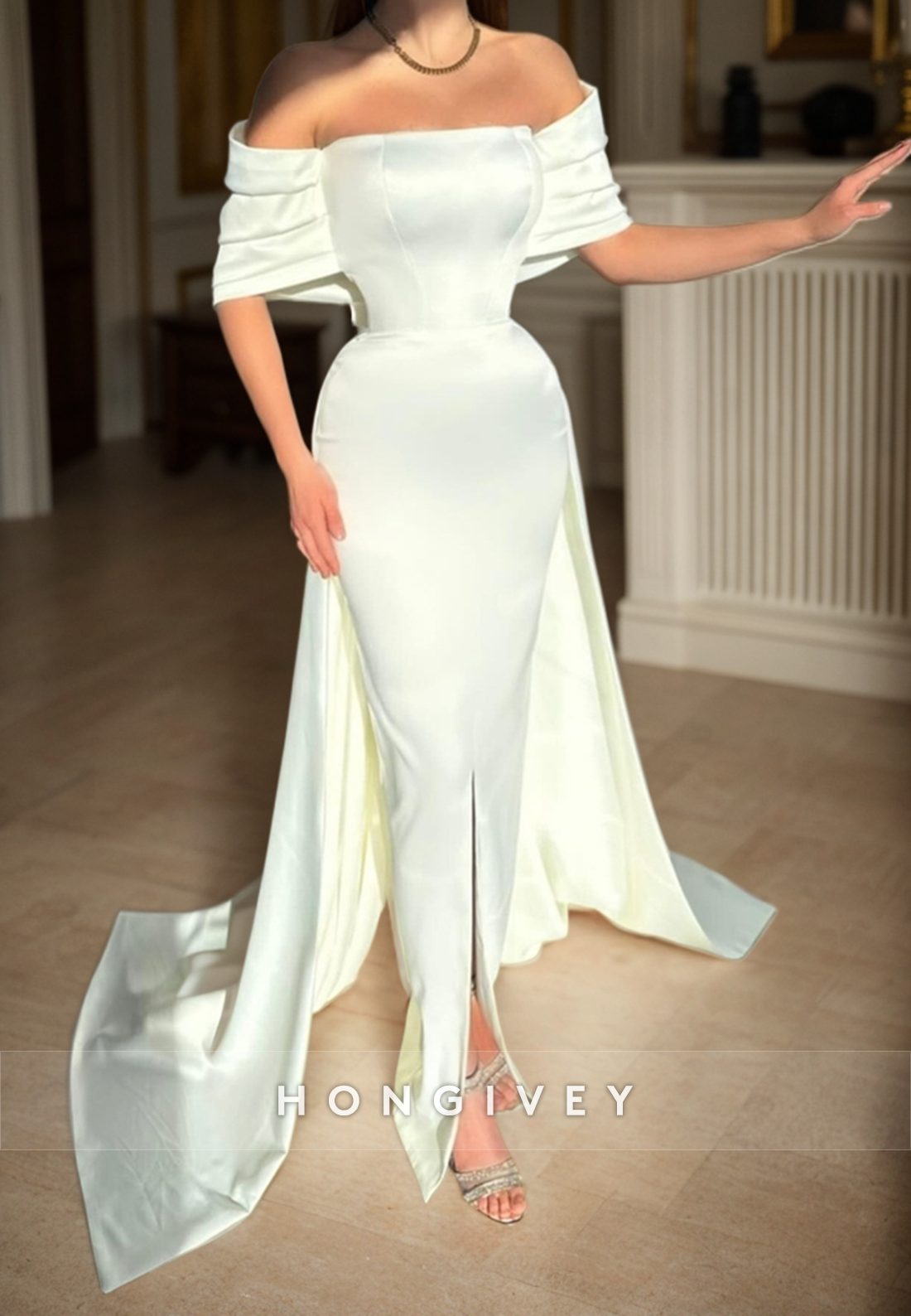 L Satin Fitted Offshoulder With Train Party Prom Evening Dress