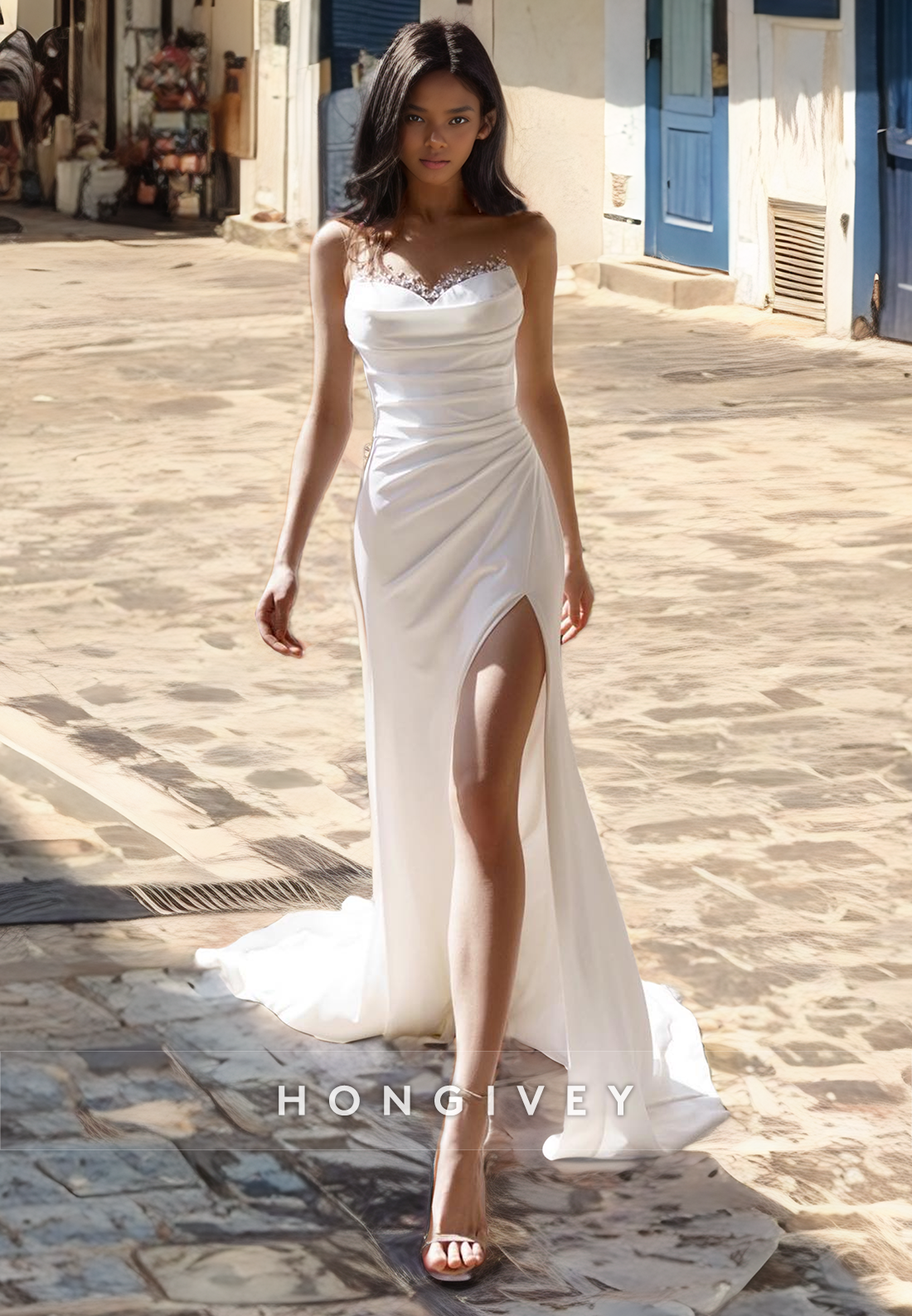 Crystal Beaded Ruched Strapless Mermaid With Train And Slit Wedding Dress